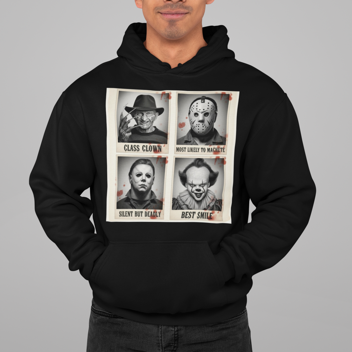 Person wearing a Graphic hoodie with Freddy, Jason, Michael, and Pennywise labeled with funny yearbook awards, on a cozy black pullover.