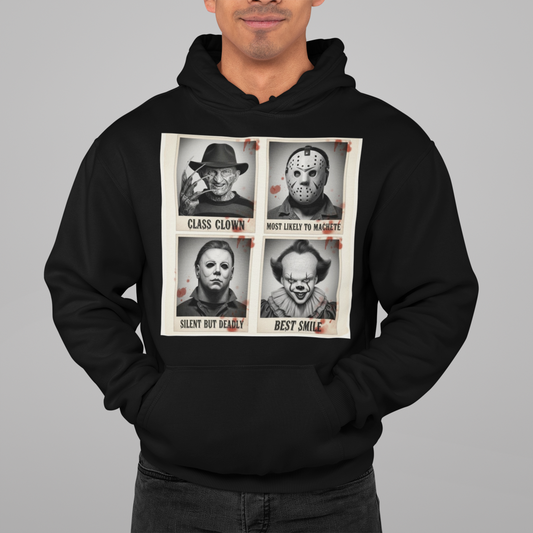 Person wearing a Graphic hoodie with Freddy, Jason, Michael, and Pennywise labeled with funny yearbook awards, on a cozy black pullover.