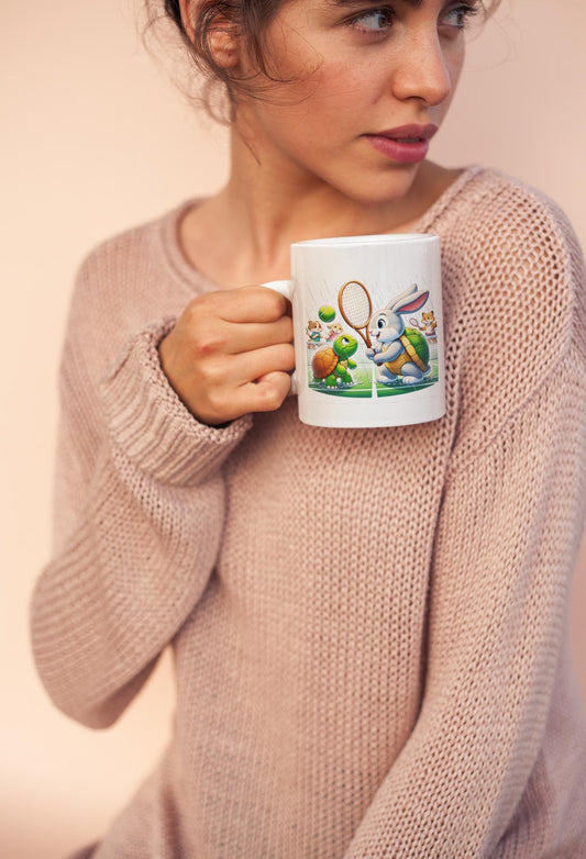 Bunny and Turtle Tennis Mug | Playful Sports Coffee Cup