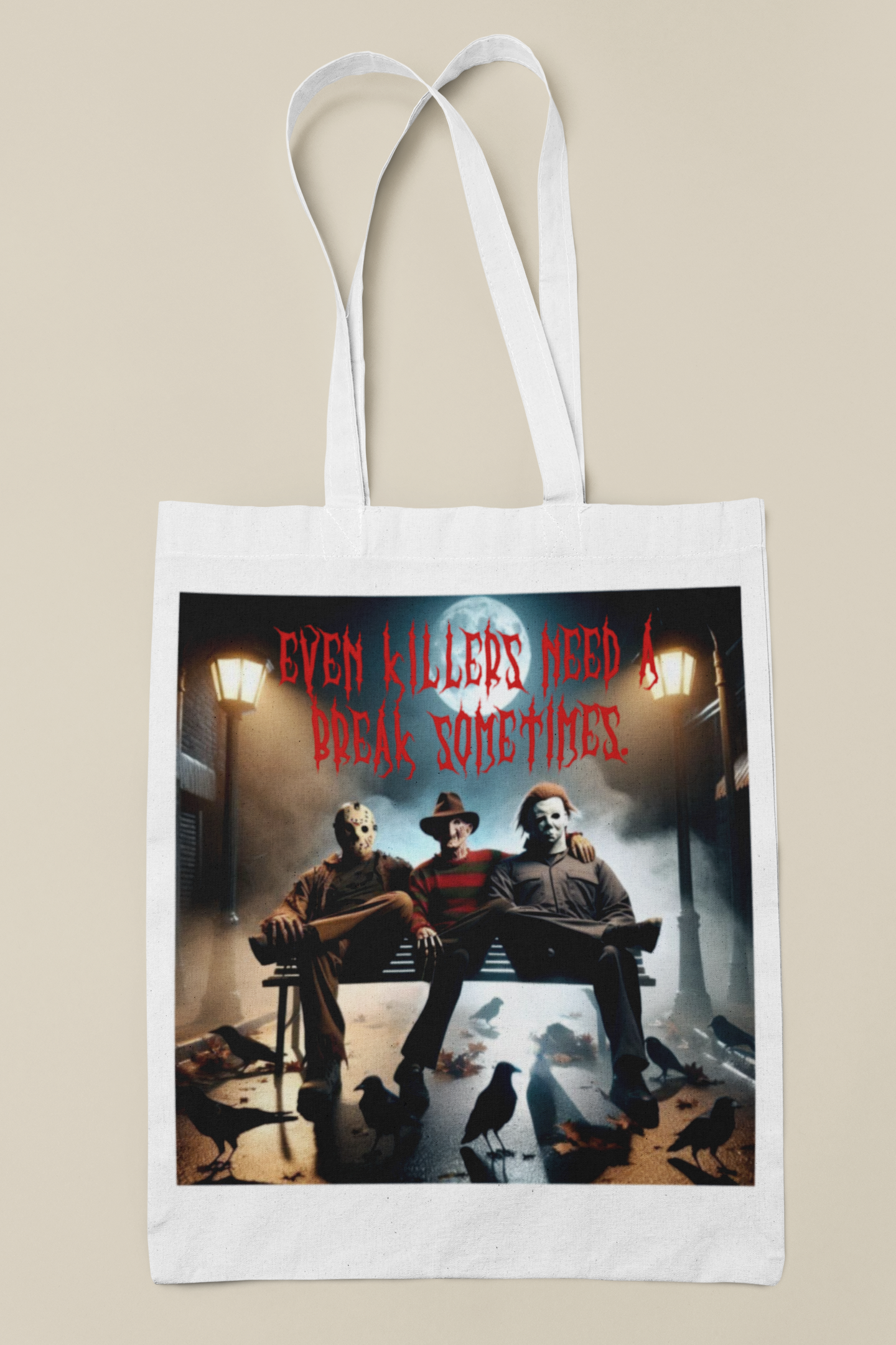 Even Killers Need a Break Tote Bag – Horror Tote Design