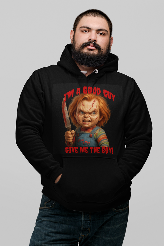 A person wearing a Black hoodie with Chucky graphic and text “I’m a Good Guy, Give Me the Boy!”