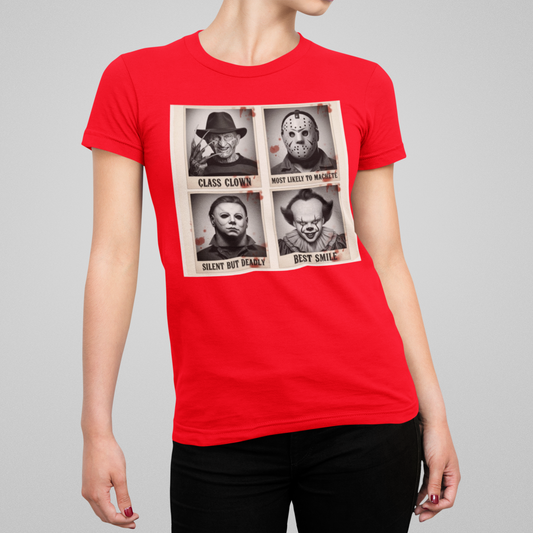 A person wearing a Red T-shirt with horror icons yearbook design featuring slasher villains and funny captions.